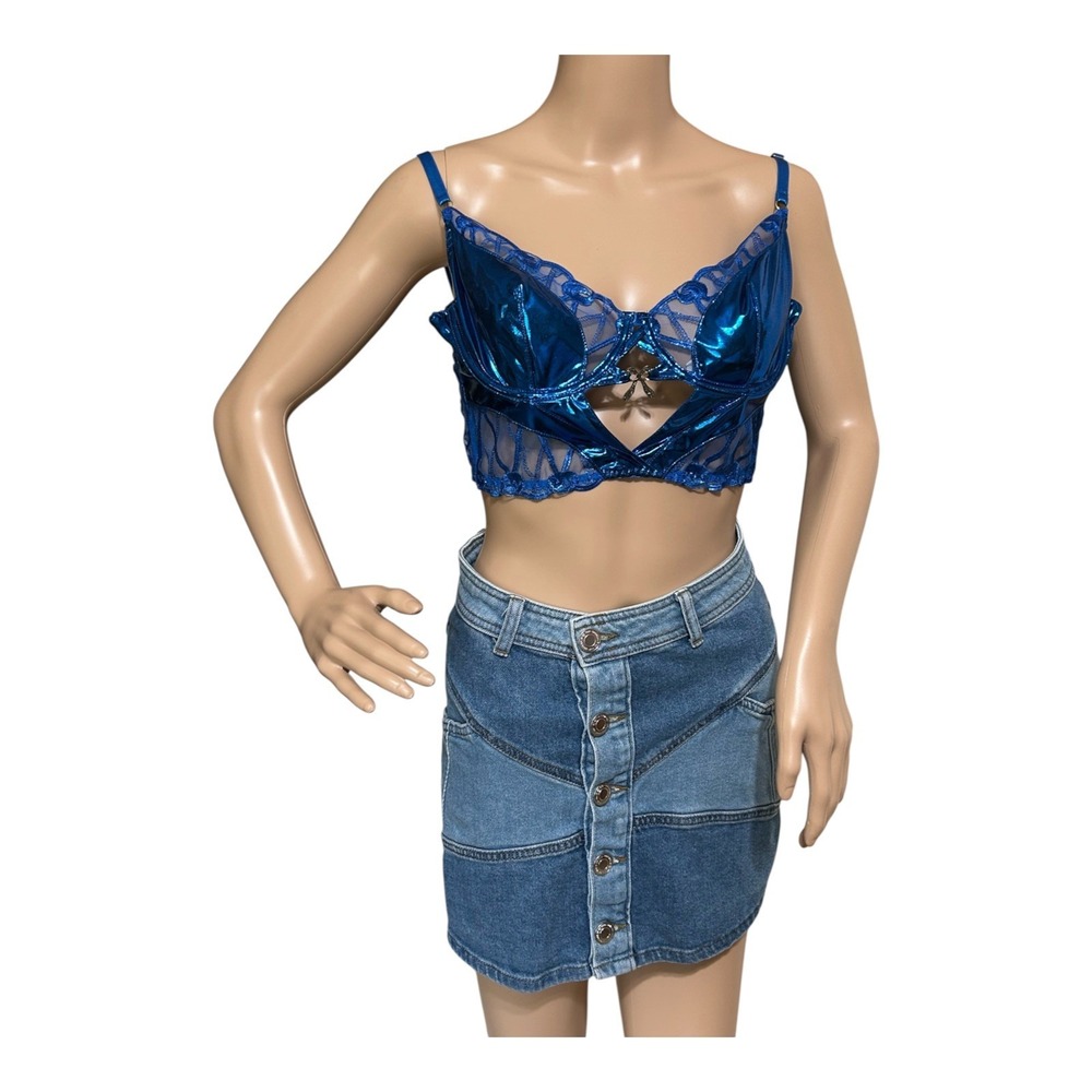 NWT Hello L.A. Girl Metallic Blue Faux Leather Lace Bralette Crop Top Size S+
